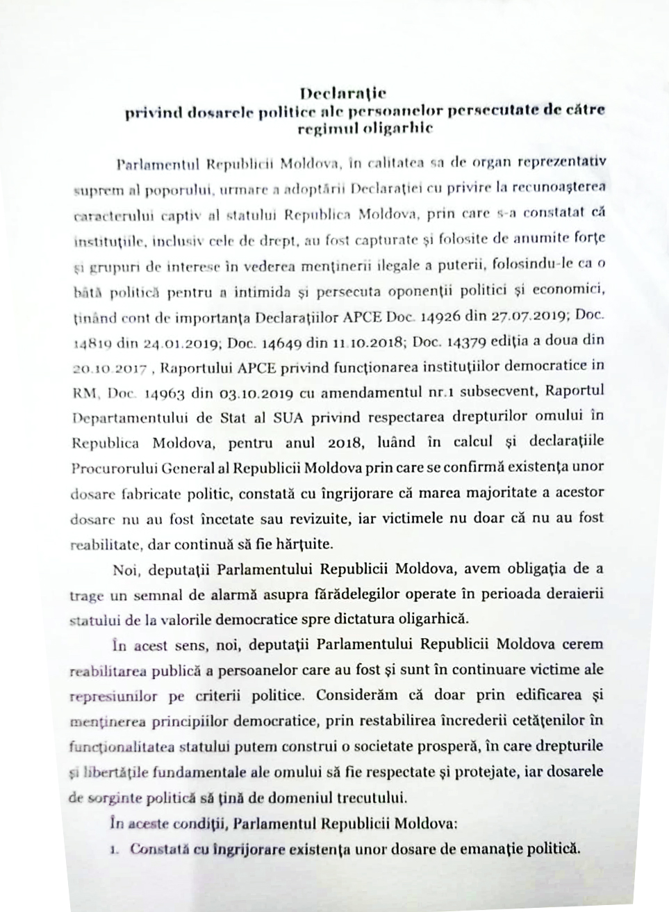 De revizuit, de reabilitat, de pedepsit. NM publică textul Declarației despre persecutările politice de către regimul oligarhic