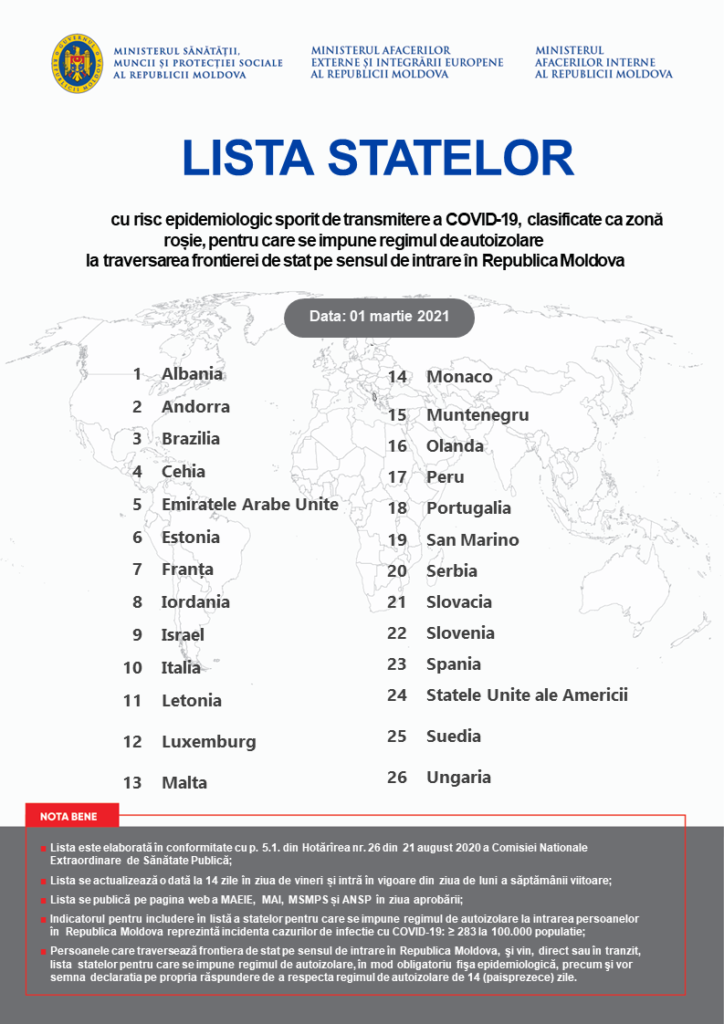 Lista statelor pentru care se impune regimul de autoizolare la intrarea în Moldova, din 1 martie
