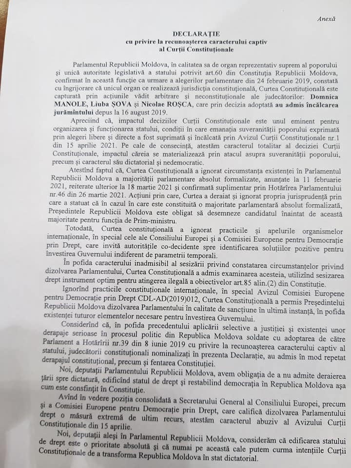 Депутаты от ПСРМ зарегистрировали декларацию об узурпации власти КС (DOC)