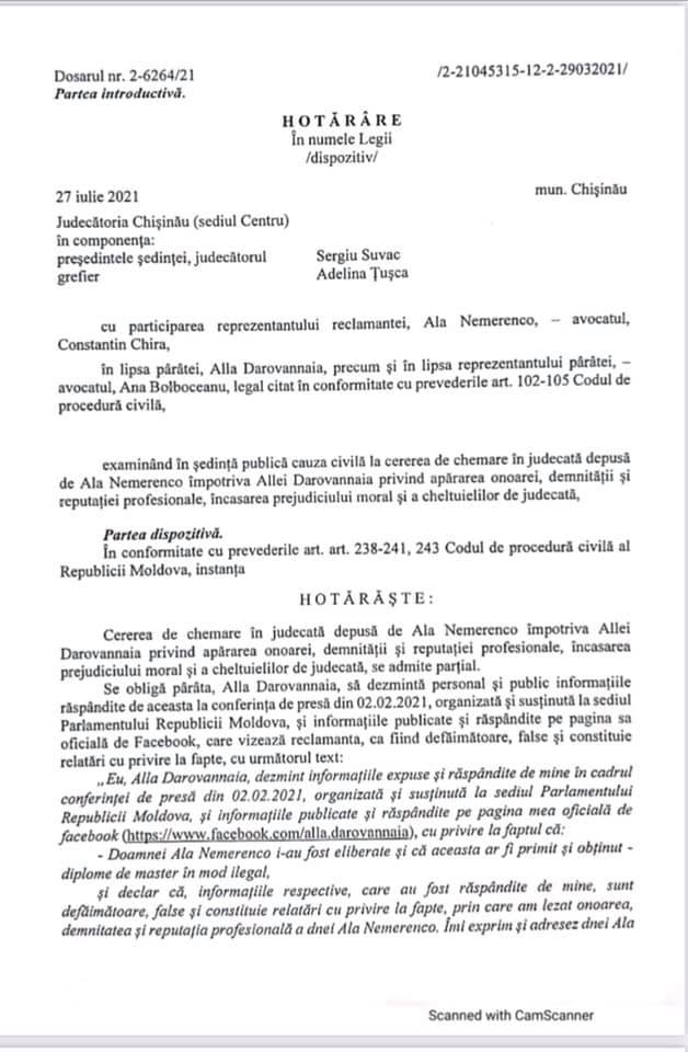 Scandalul „diplomelor false”: O deputată PSRM, obligată să dezmintă acuzațiile aduse Alei Nemerenco și să achite despăgubiri