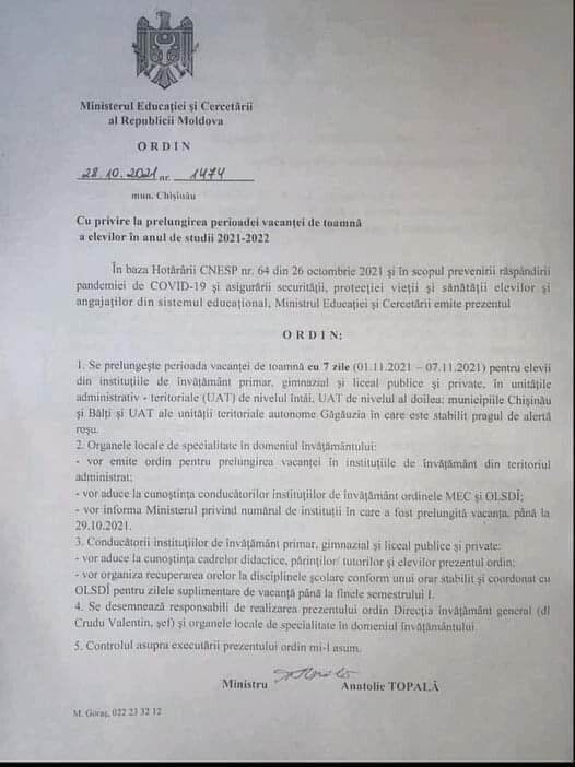Ministerul Educației a decis prelungirea vacanței pentru elevii din Chișinău, Bălți și UTA Găgăuzia (DOC)