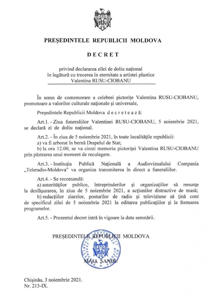 Vineri, 5 noiembrie, decretată zi de doliu național în Republica Moldova (DOC)