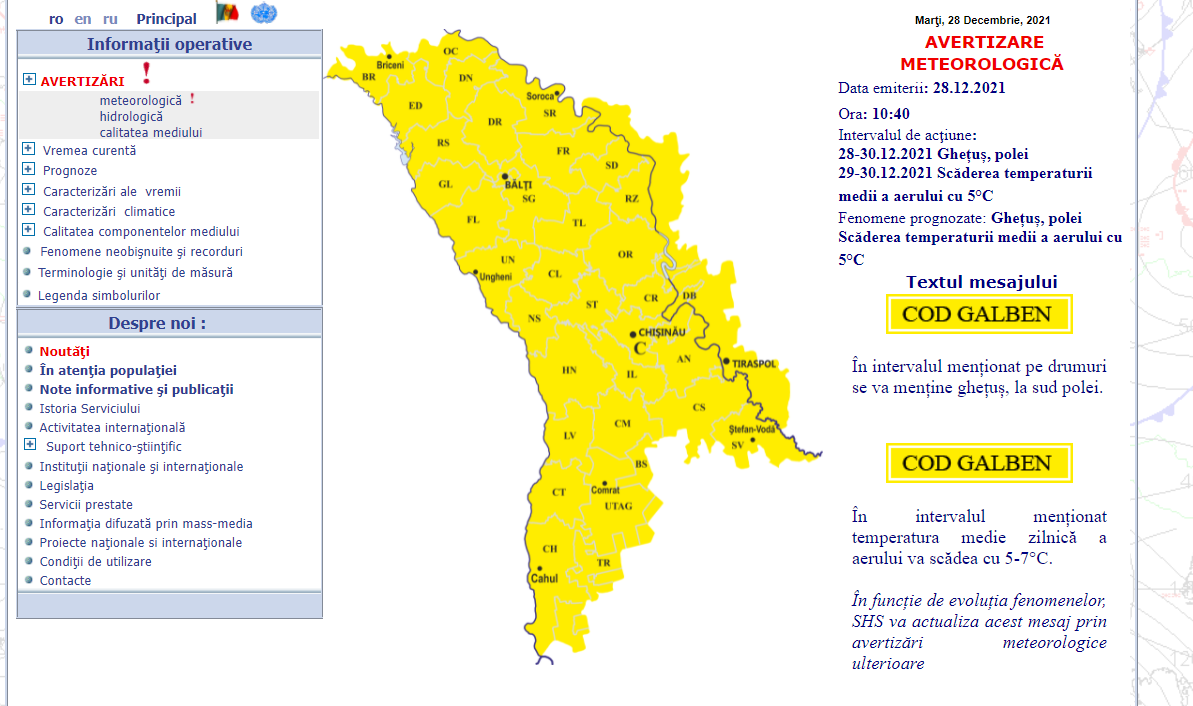 O nouă avertizare meteorologică: Cod galben de polei și scăderea temperaturii aerului cu 5°С 