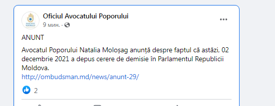 UPDATE Natalia Moloșag a demisionat din funcția de Avocat al Poporului, iar site-ul instituției a căzut