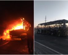 FOTO Un autocar de pe ruta Chișinău-București a ars ca o torță. Pasagerii au reușit să iasă