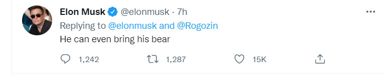 Musk, replică lui Rogozin despre duelul cu Putin: „Poate să-și aducă chiar și ursul”