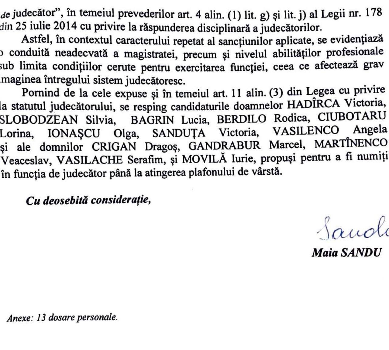 DOC Maia Sandu a respins candidaturile a 13 magistrați pentru a fi numiți judecători până ating plafonul de vârstă