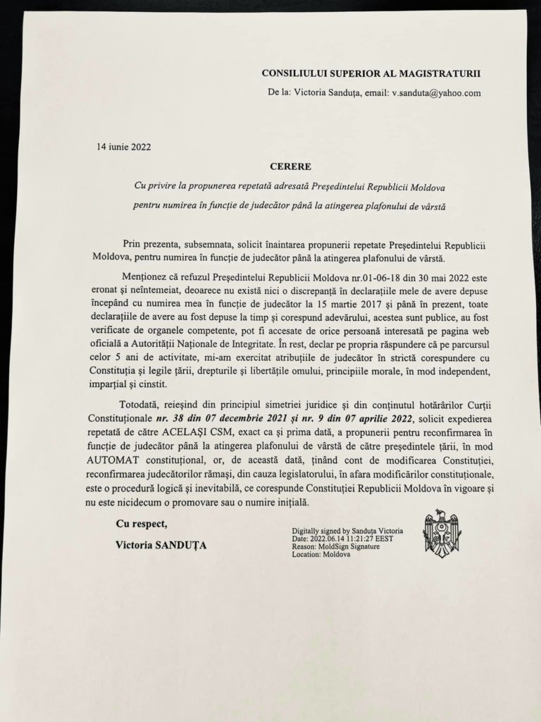(DOC) Victoria Sanduța cere să fie propusă repetat șefei statului pentru reconfirmarea în funcția de judecător