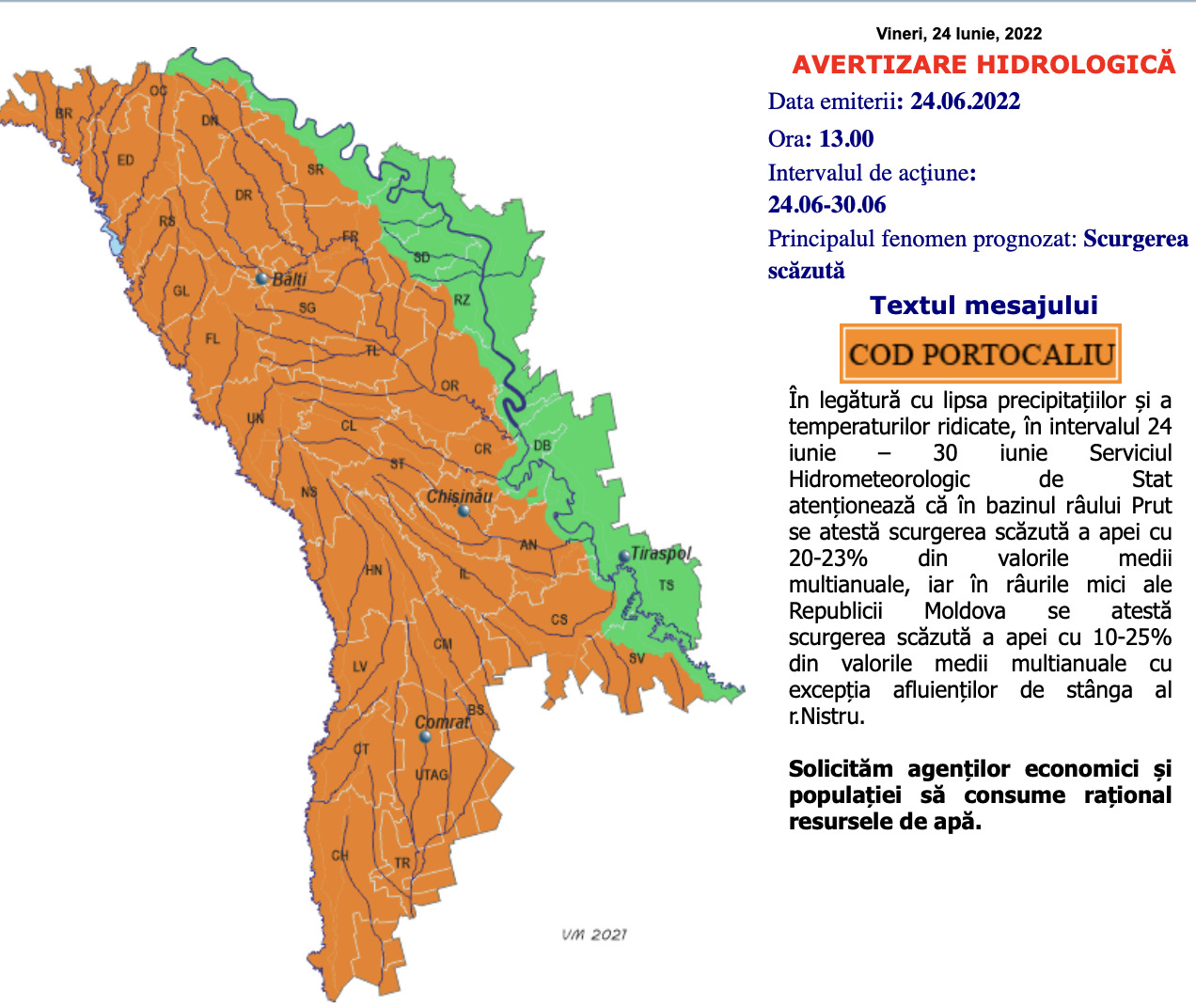 Cetățenii sunt îndemnați să consume apa rațional, după ce a fost emisă o avertizare hidrologică 