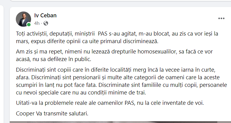 Un deputat PAS îi dă replica primarului Ceban: „Se poartă exact ca un gopnic, intimidând și hărțuind comunitatea LGBT”