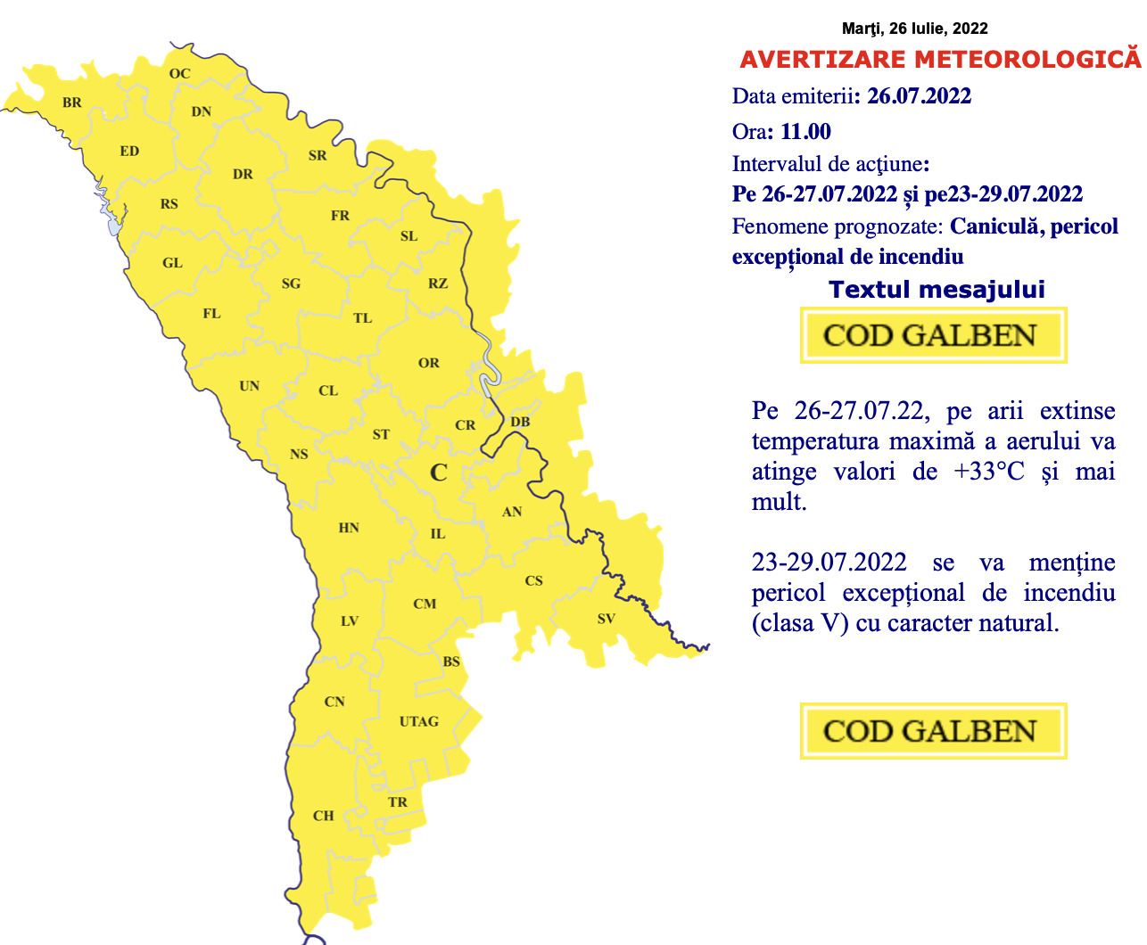 În Moldova a fost anunțat cod galben de caniculă: se așteaptă temperaturi de până la +33°C și mai mult 
