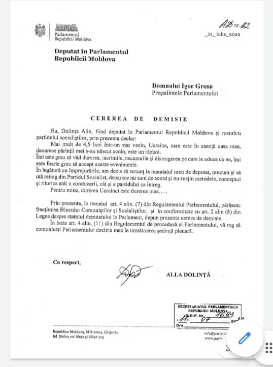 (DOC) Alla Dolință renunță la mandatul de deputat și se retrage din PSRM. De vină e războiul din Ucraina