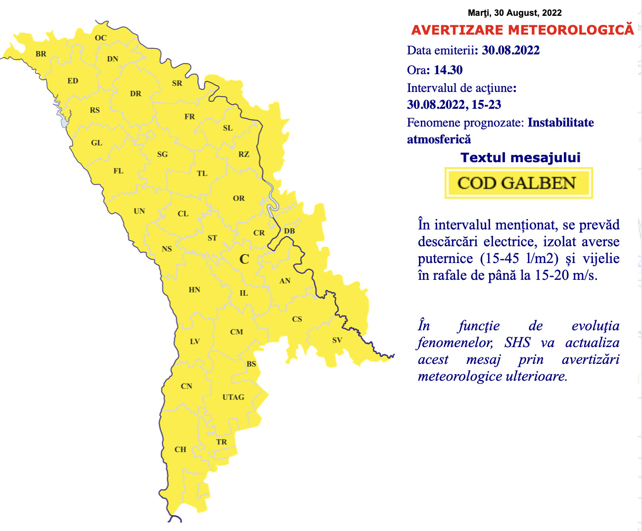 Alertă meteo: cod galben de ploi cu descărcări electrice și vijelie în toată țara