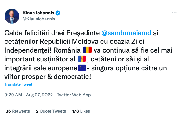 Klaus Iohannis, de ziua Independenței Republicii Moldova: „România va continua să fie cel mai important susținător”