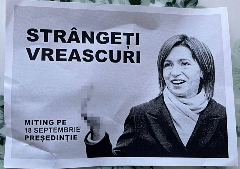 Pliante cu fotografia trucată a Maiei Sandu, distribuite în Chișinău, înainte de protestul Partidului „ȘOR”. Reacția PAS