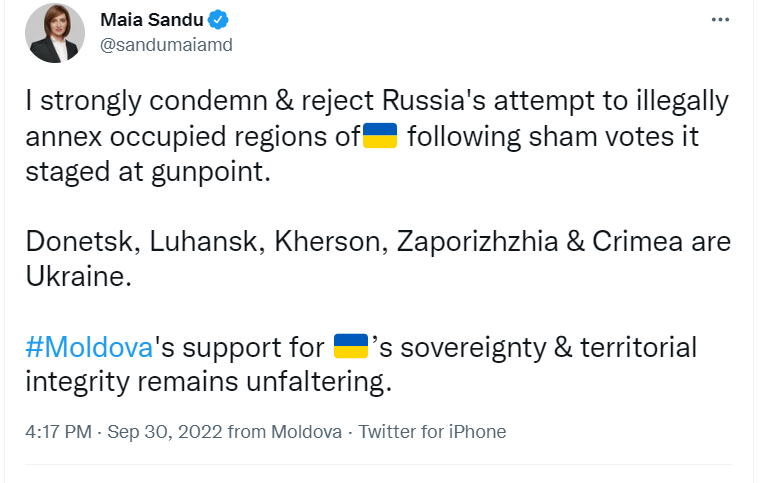 Maia Sandu, reacție după ce Vladimir Putin a anexat Rusiei teritoriile ocupate din sudul Ucrainei