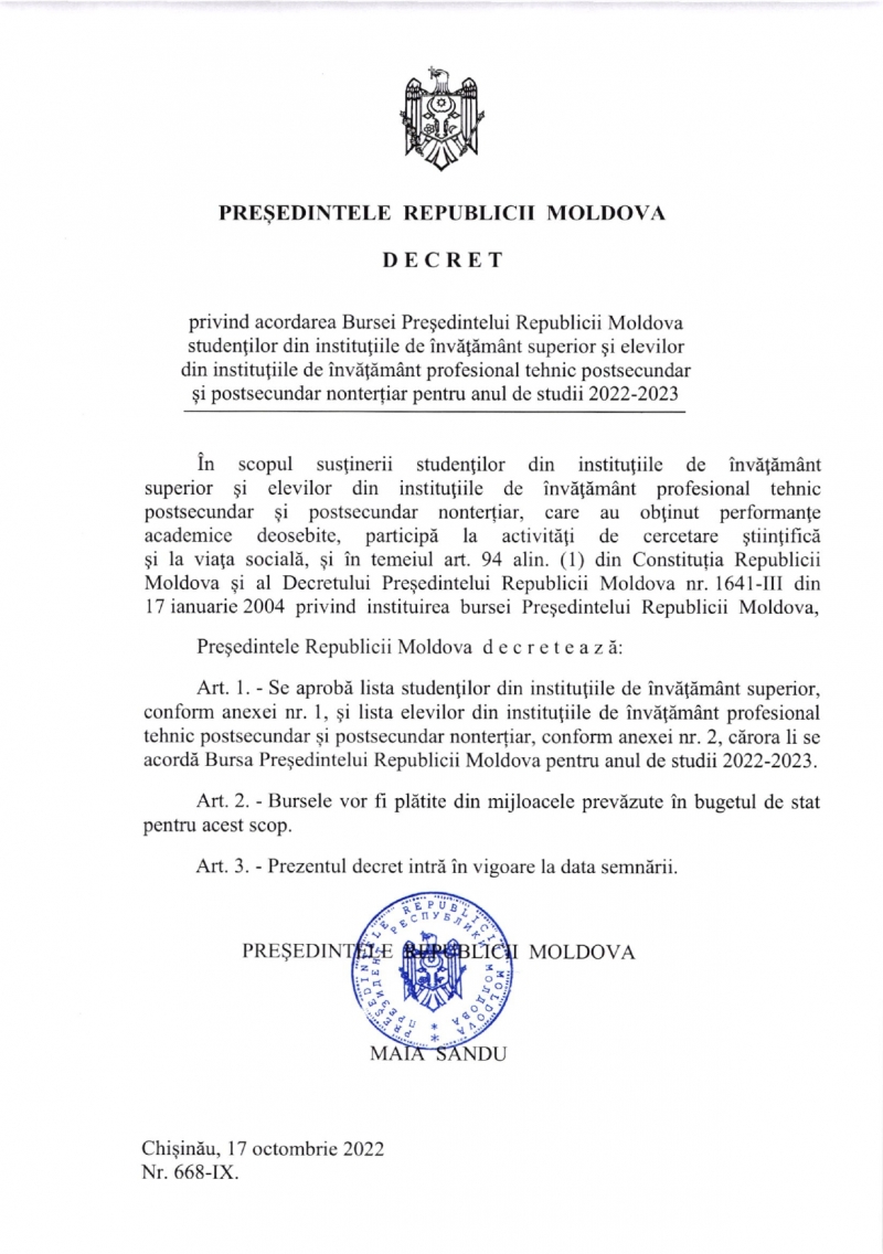 DOC Mai mulți elevi și studenți din țară vor primi Bursa Președintelui Republicii Moldova
