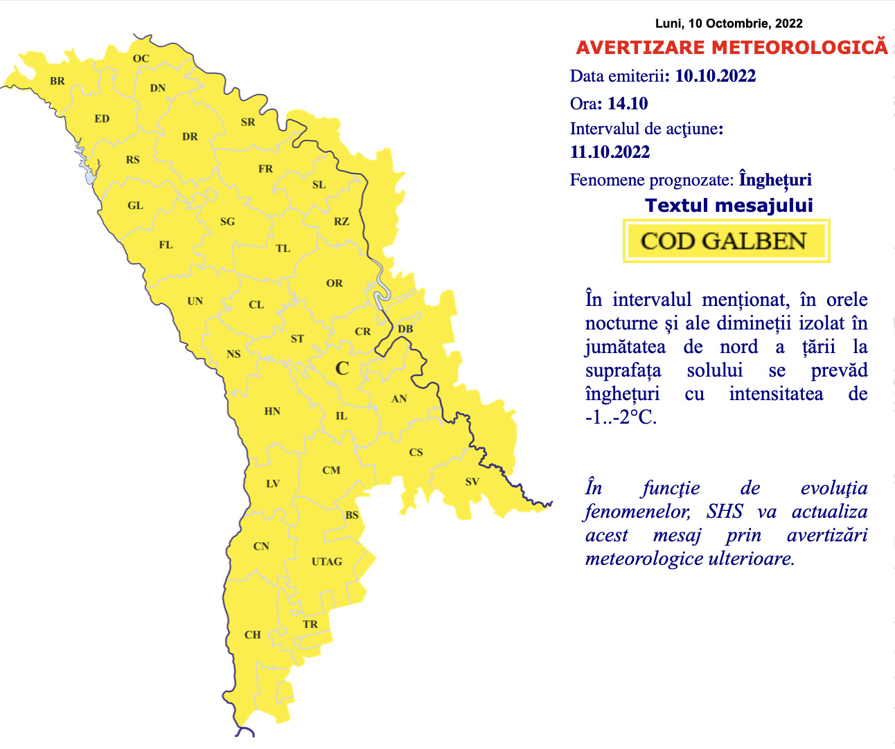 Cod galben de îngheț în Moldova. Cât de mult vor coborî temperaturile noaptea