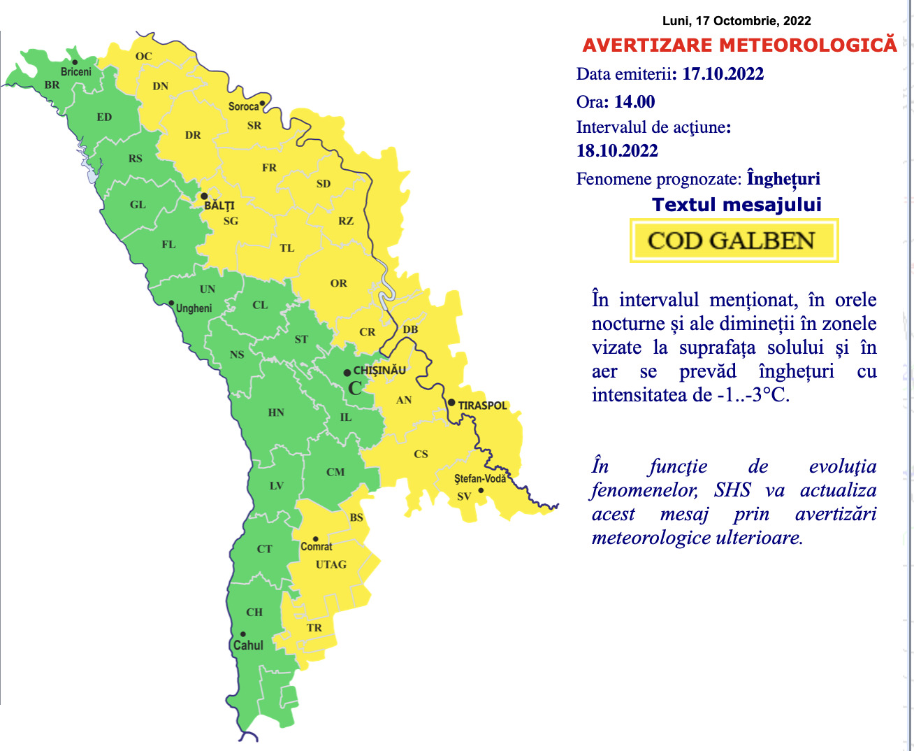 Cod galben de îngheț în mai multe regiuni ale țării. Temperatura pe timp de noapte va coborî până la -3°C 