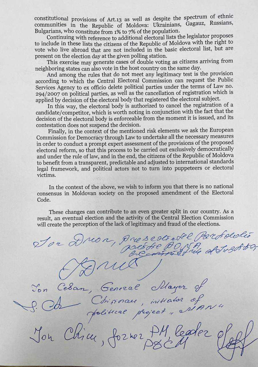 (DOC) Chicu, Ceban, Stepaniuc, Dron și Donică au trimis o scrisoare Comisiei de la Veneția