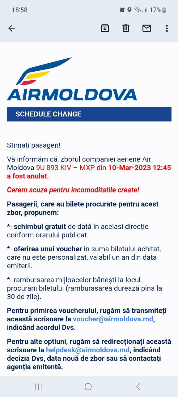 Air Moldova anulează alte 3 zboruri. Erau planificate pentru 10 martie