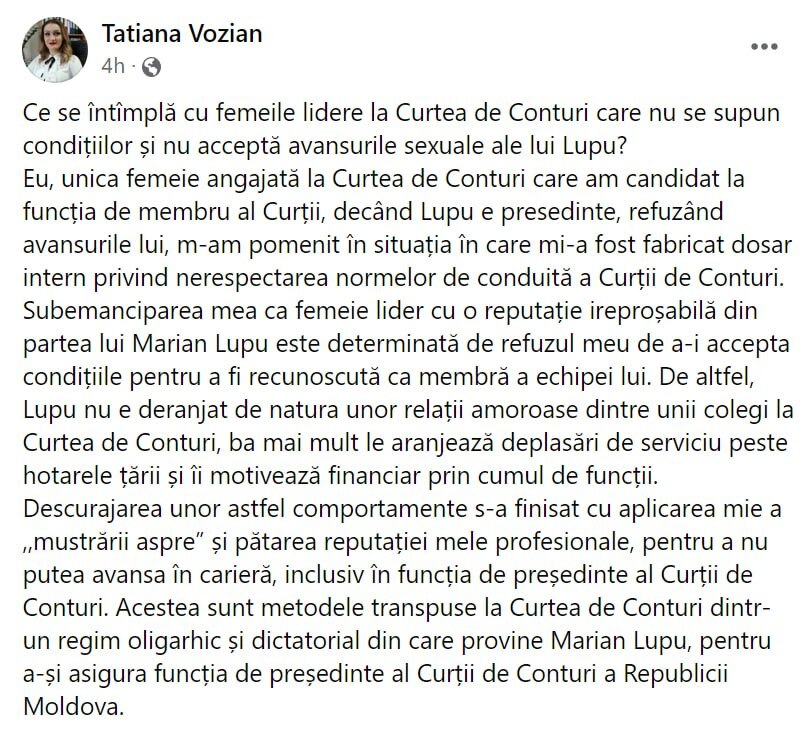 (DOC) Marian Lupu, acuzat că a sancționat disciplinar o subalternă, pentru că nu i-a răspuns la avansurile sexuale. Reacția Curții de Conturi