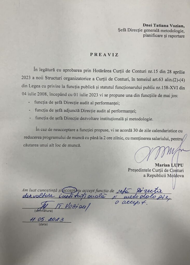 Angajata Curții de Conturi care l-a acuzat de avansuri sexuale pe Marian Lupu susține că a fost retrogradată