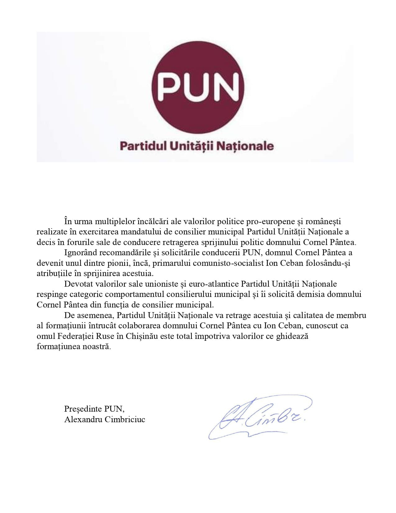 PUN retrage sprijinul politic pentru consilierul municipal Cornel Pântea. Îi solicită demisia din funcție
