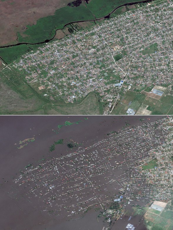 FOTO Imagini din satelit, înainte și după distrugerea barajului de la Nova Kahovka: 29 de localități au fost inundate 