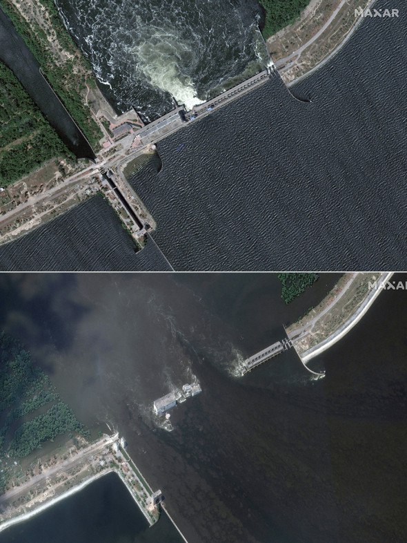 FOTO Imagini din satelit, înainte și după distrugerea barajului de la Nova Kahovka: 29 de localități au fost inundate 