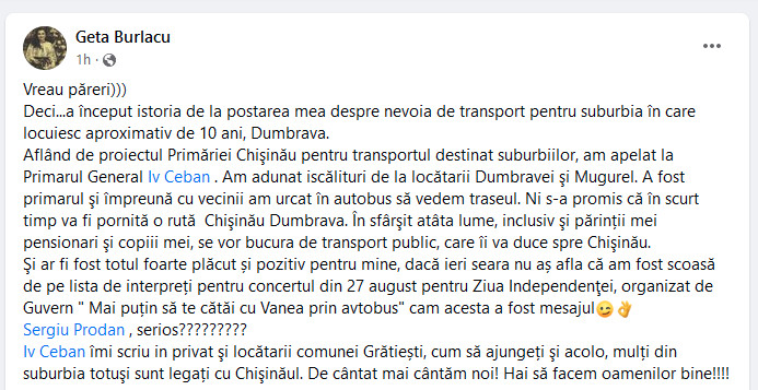 Geta Burlacu acuză Guvernul că a scos-o de pe lista interpreților care vor evolua pe 27 august în PMAN, după ce a apărut într-un live cu Ceban