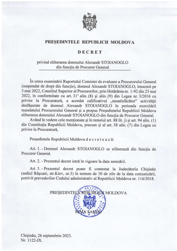 Maia Sandu a semnat decretul privind eliberarea lui Stoianoglo din funcția de procuror general