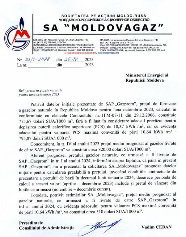 Scrisoarea în care Ceban anunță prețul la care Gazprom este gata să vândă gaz Moldovei, publicată de Slusari. Șeful Moldovagaz: „Inacceptabil!”