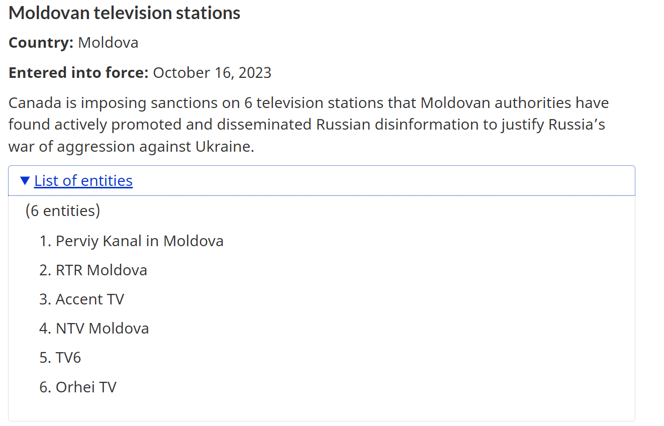 Канада ввела санкции против шести закрытых молдавских телеканалов