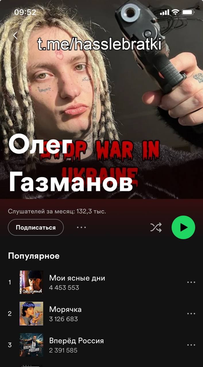 Profilurile de Spotify ale cântăreților pro-Kremlin Gazmanov și Leps au fost sparte: conturile au fost actualizate cu mesajul „Stop războiului din Ucraina”
