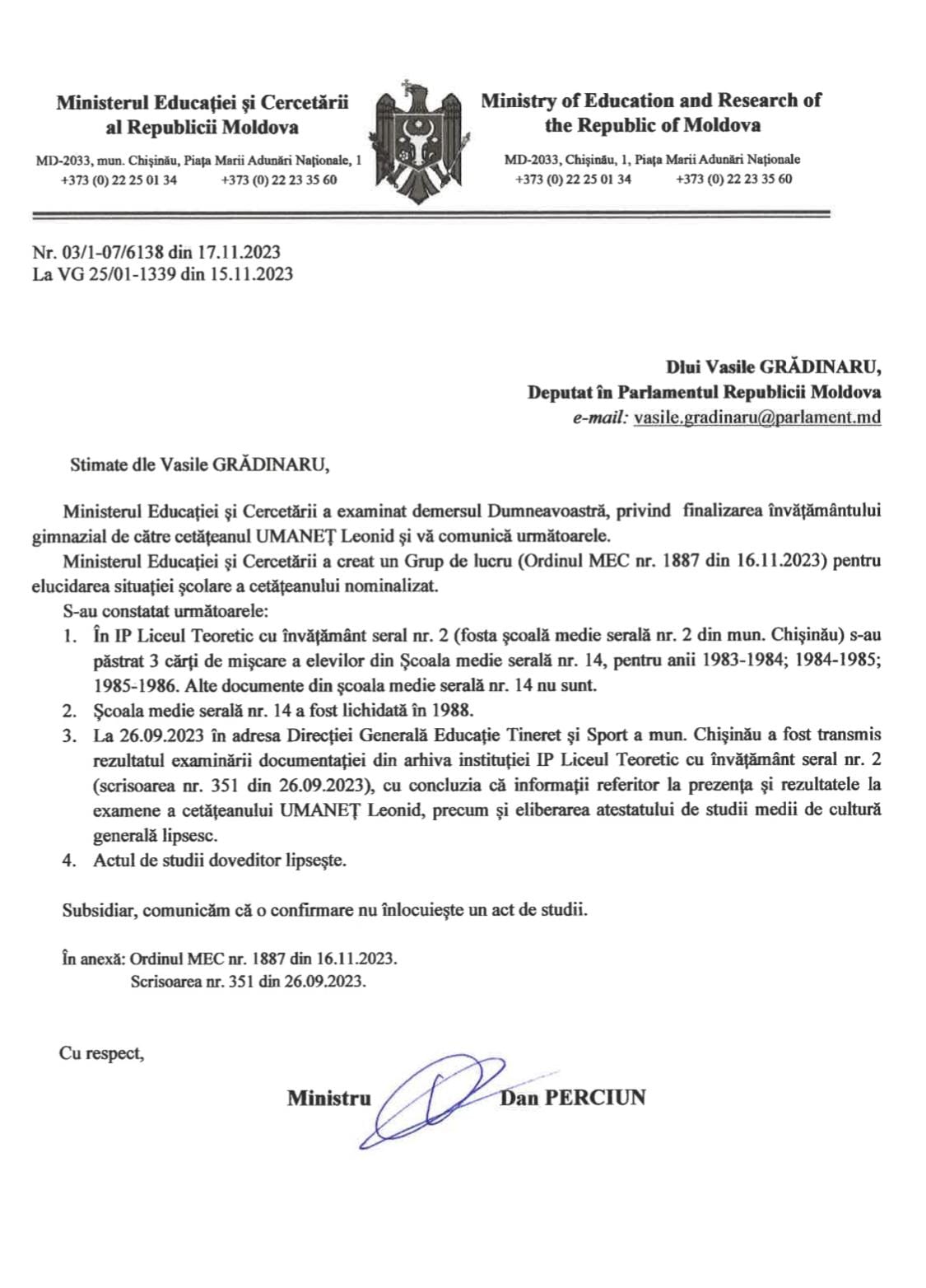 Primarul ales la Bubuieci, fără studii generale? Ministerul Educației sesizează CNA, iar Umaneț reacționează: „Nu este vina mea”