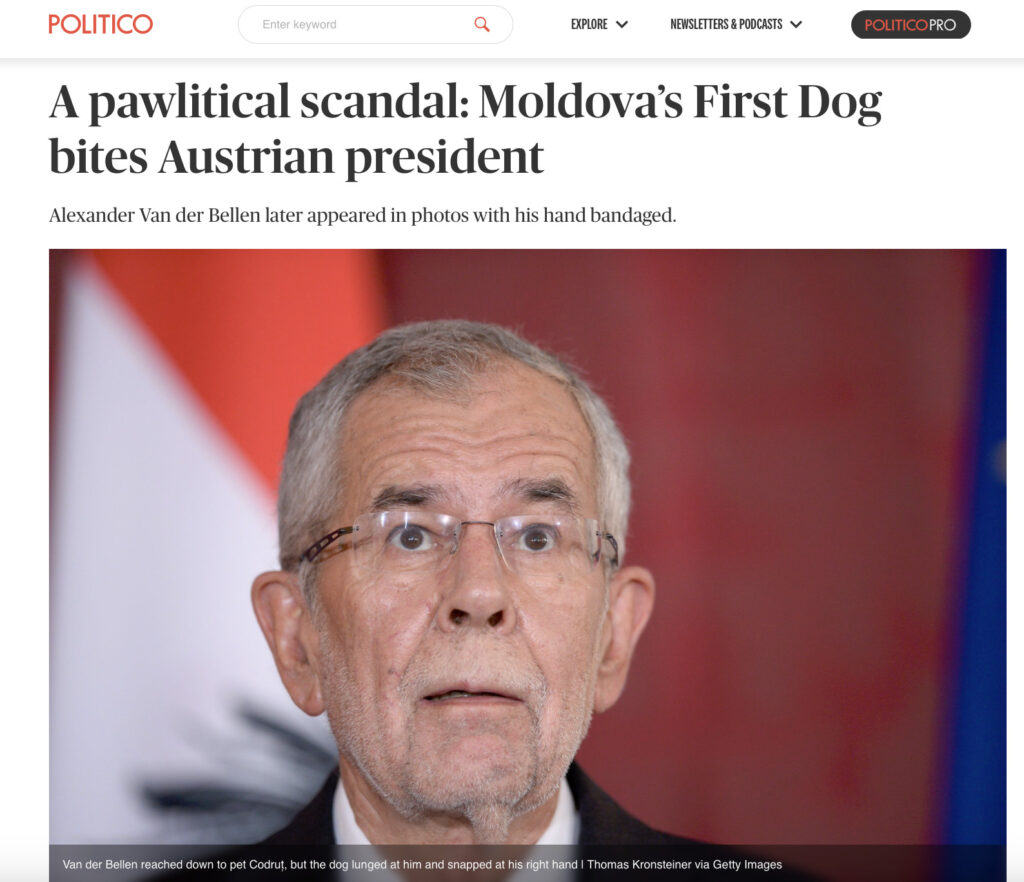 Cum a relatat presa din Austria incidentul cu Codruț? Știrea cu președintele Austriei mușcat de câine a ajuns inclusiv în Indonezia și Turcia