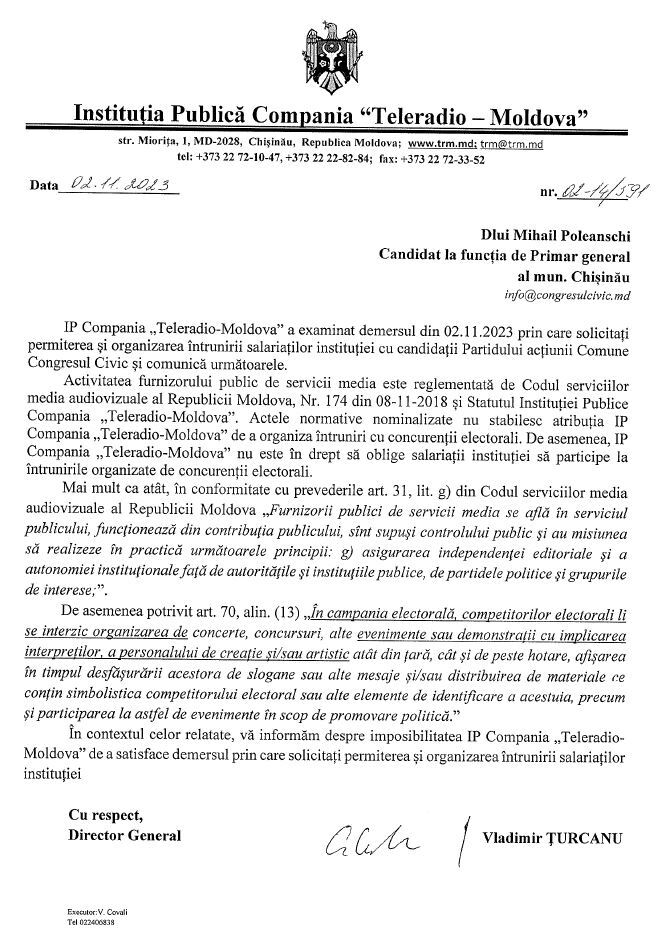 Țurcanu respinge cererea „Congresului Civic” de a organiza o întâlnire electorală cu angajații TRM: Nu îi putem obliga
