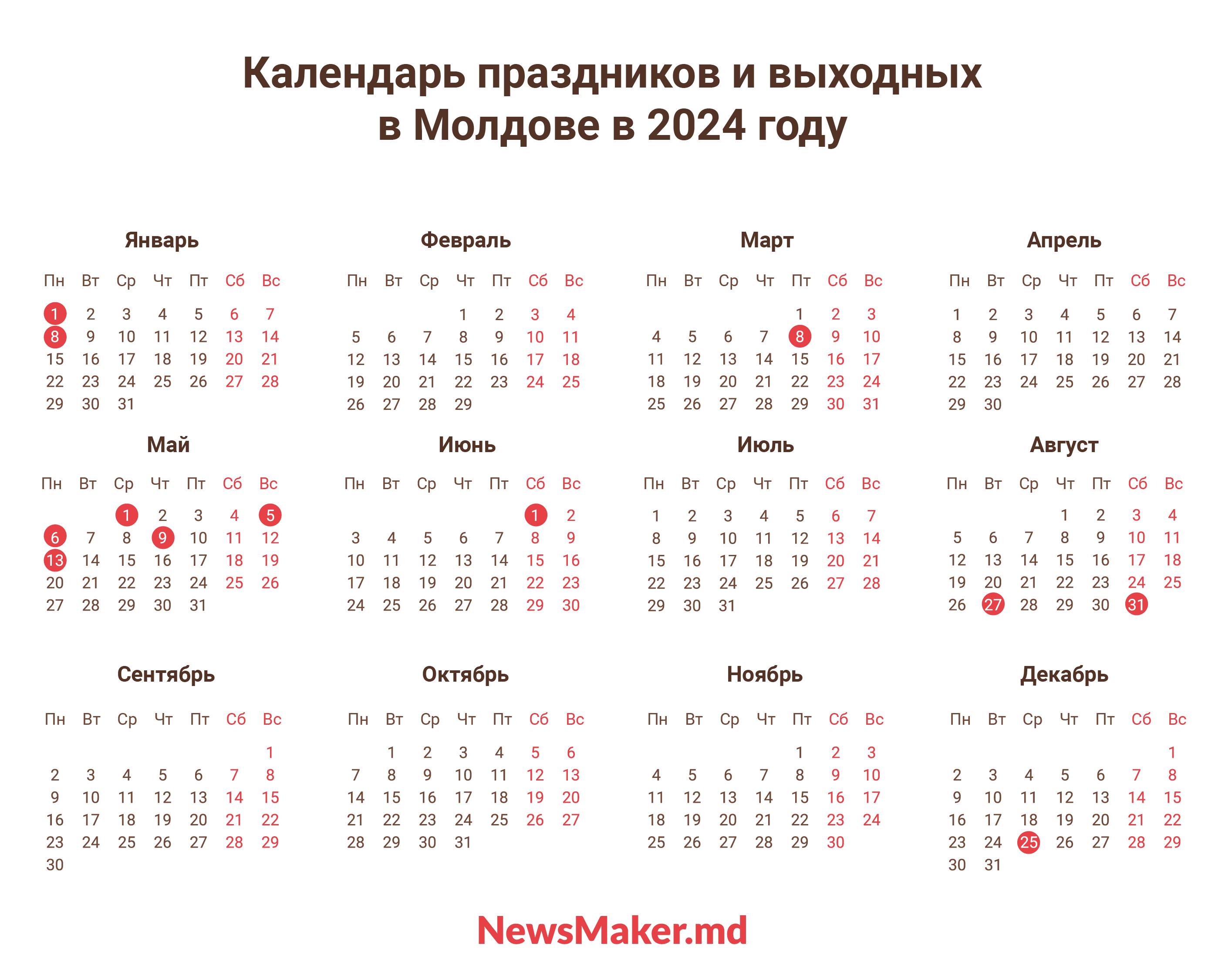 Выходные в Молдове в 2024 году. Календарь праздников