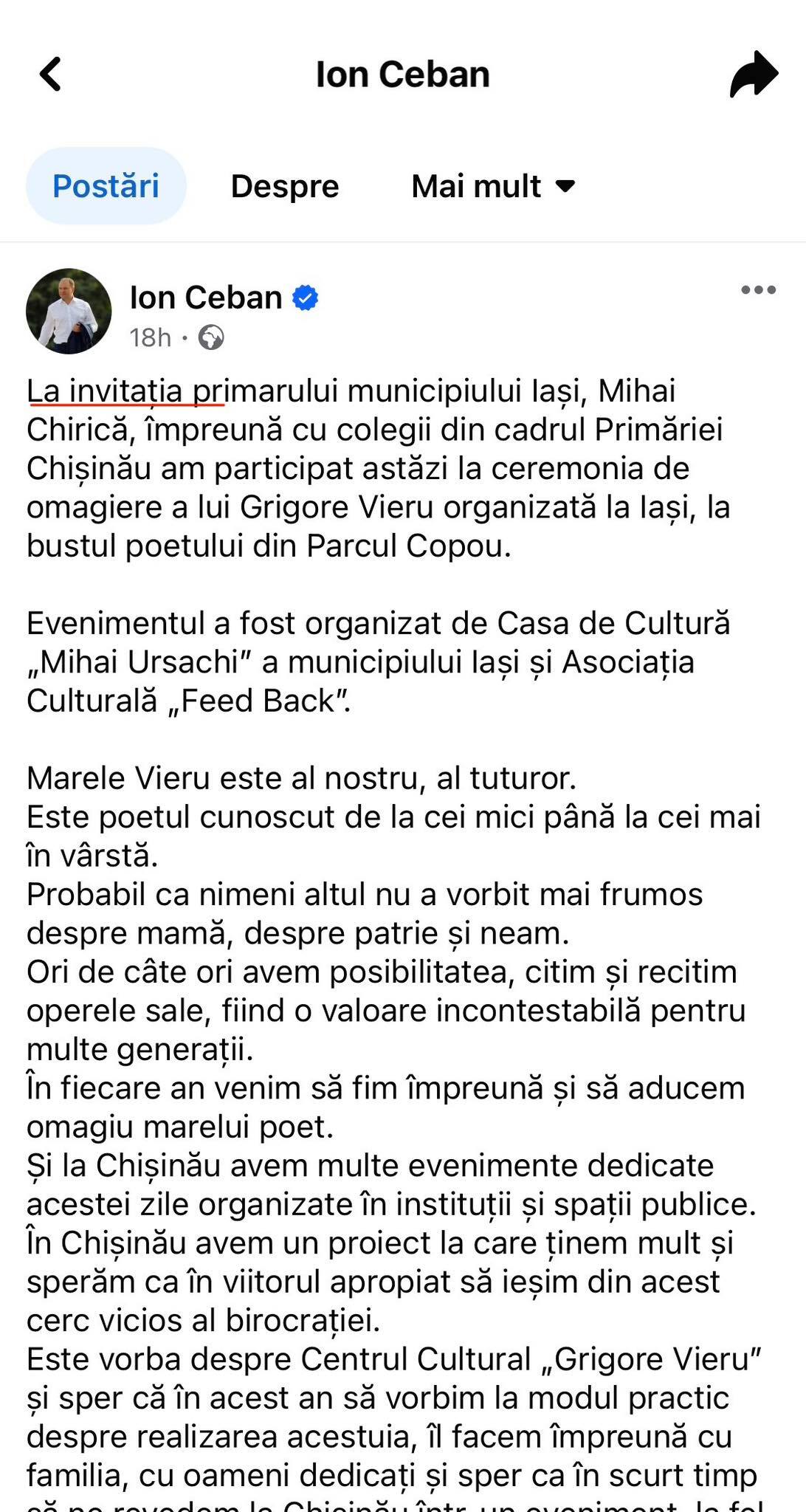 Primăria Iași neagă că l-a invitat pe Ceban la ceremonia de omagiere a poetului Grigore Vieru