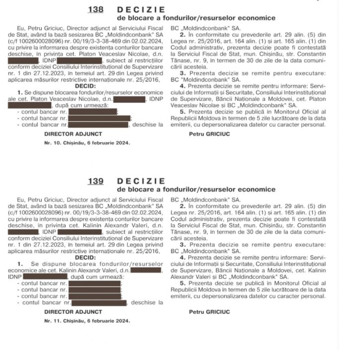 Conturile bancare deținute de Șor, Platon, Andronachi și Kalinin la Moldindconbank - blocate. Decizia Serviciului Fiscal