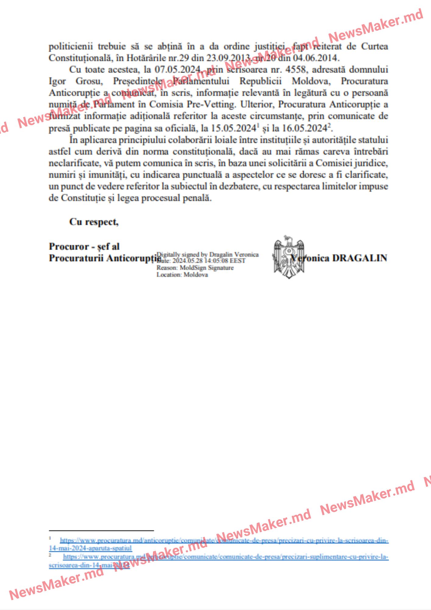 Dragalin nu a venit la discuții cu deputații, însă le-a expediat o scrisoare: „Imixtiunea în activitatea Procuraturii este interzisă” (DOC)