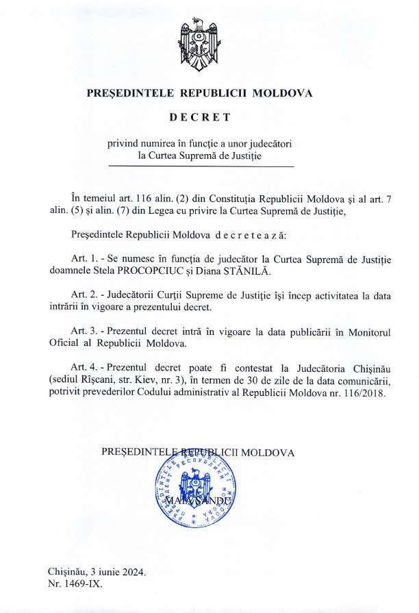Санду подписала указы о назначении трех судей Высшей судебной палаты