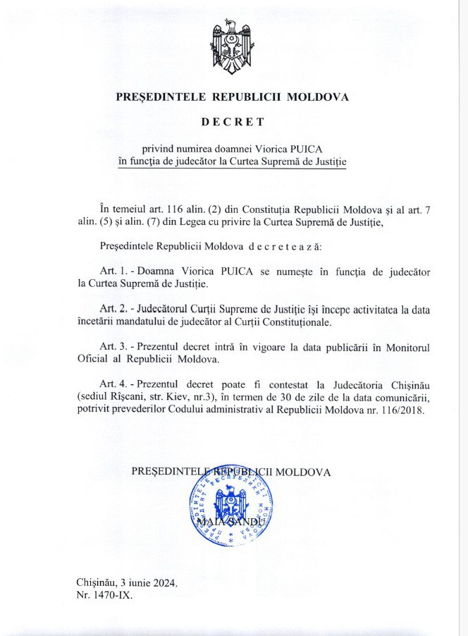 Санду подписала указы о назначении трех судей Высшей судебной палаты