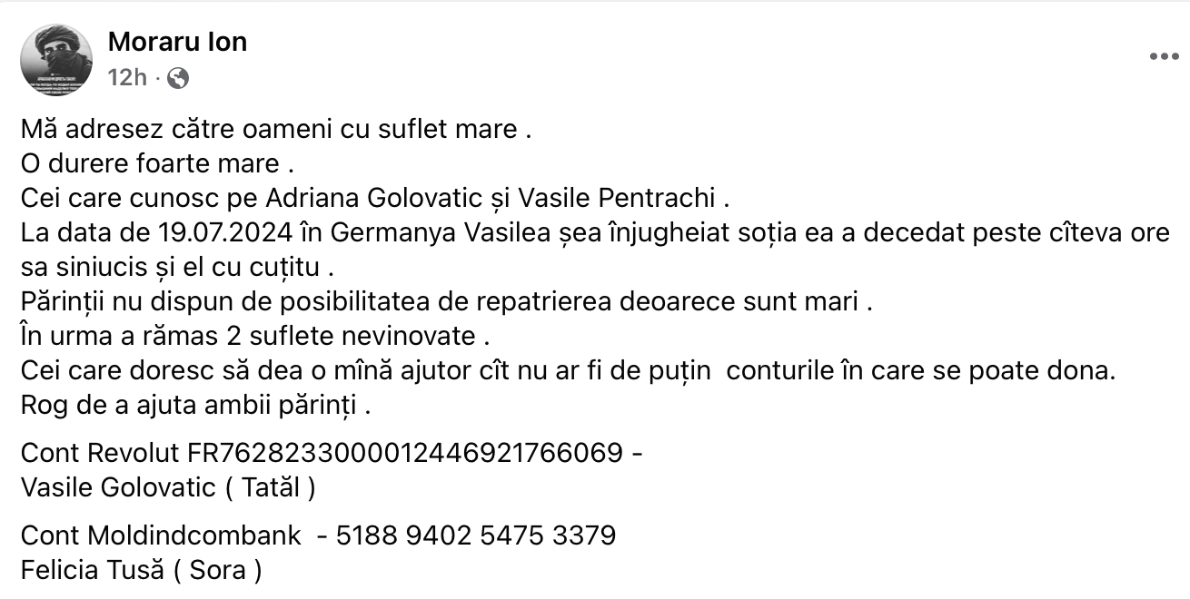 Și-ar fi ucis soția, după care și-ar fi pus capăt zilelor. Cazul a doi moldoveni, aflați în Germania, și precizările rudelor 