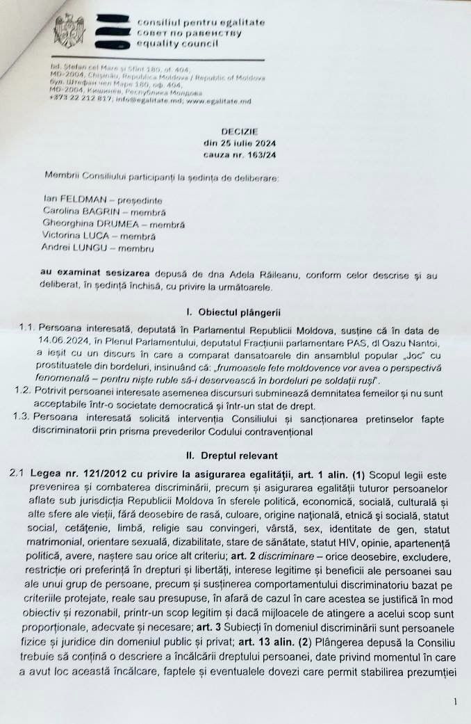 Consiliul pentru Egalitate a declarat „inadmisibilă” cererea socialistei Răileanu, în cazul declarațiilor lui Nantoi: însă a venit cu precizări