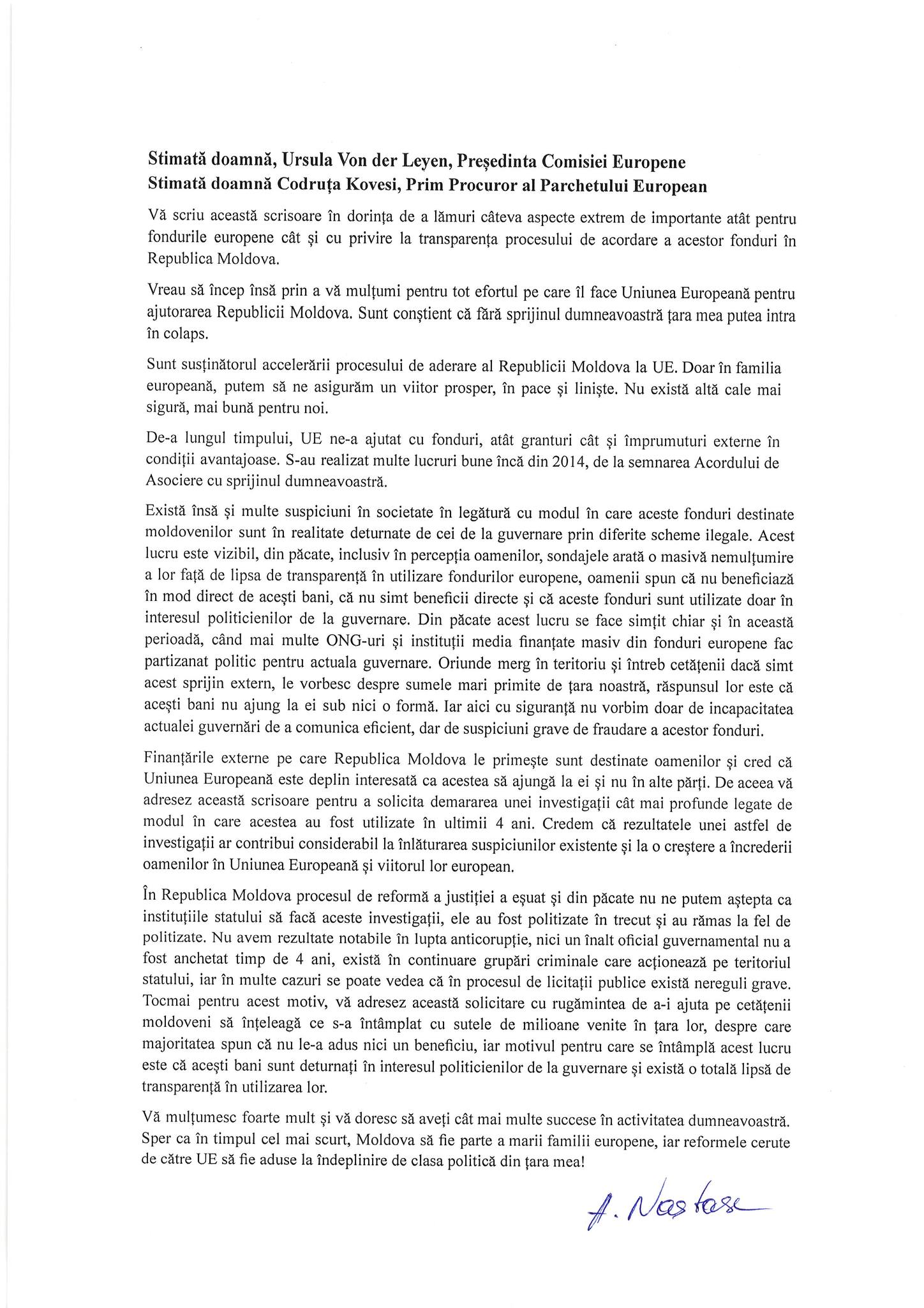 Năstase, scrisoare către Ursula von der Leyen și Laura Codruța Kovesi: vrea o investigație cu privire la utilizarea banilor europeni (DOC)