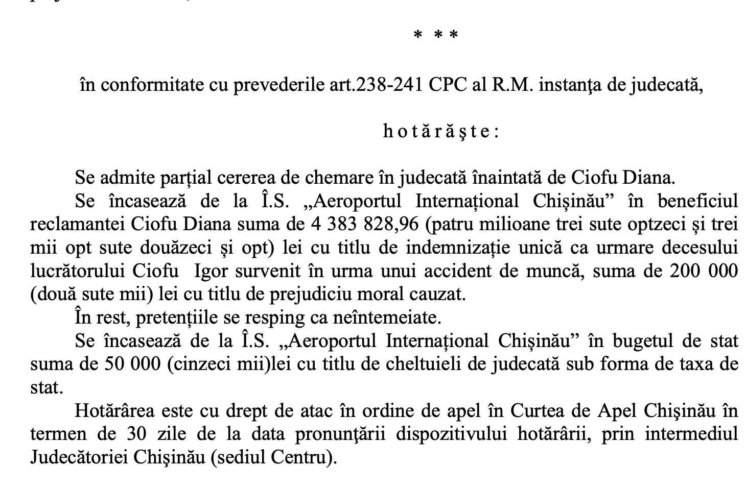 (DOC) Кишиневский аэропорт обязали выплатить 4,5 млн леев вдове сотрудника службы безопасности Игоря Чофу, погибшего при стрельбе