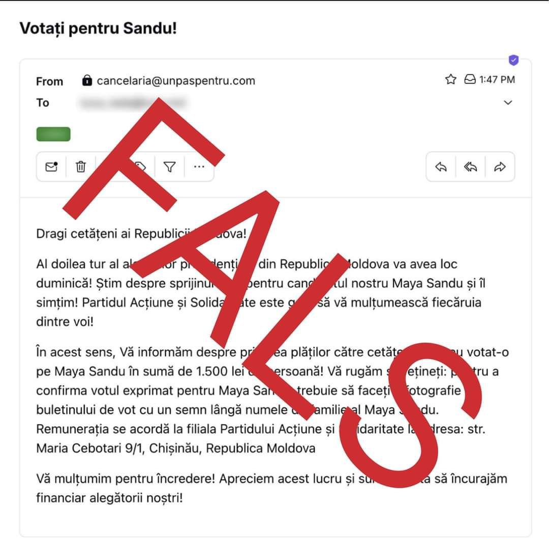 1500 леев за «голос». В Молдове рассылают фейковые письма якобы от имени PAS