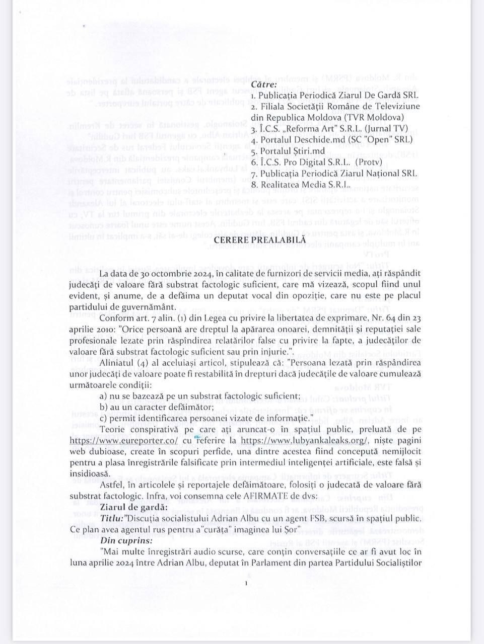 (DOC) Депутат от ПСРМ требует от восьми СМИ 1 млн леев компенсации морального ущерба. Что случилось